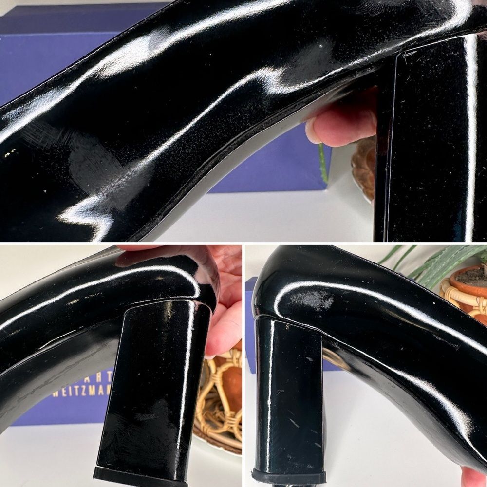 VTG Stuart Weitzman Lex Black Patent Leather Pumps 7.5 AA Block Heel Square Toe - Picture 10 of 15